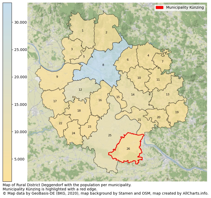 Map of Rural district Deggendorf with the population per municipality.Municipality Künzing is highlighted with a red edge.. This page shows a lot of information about residents (such as the distribution by age groups, family composition, gender, native or German with an immigration background, ...), homes (numbers, types, price development, use, type of property, ...) and more (car ownership, energy consumption, ...) based on open data from the German Federal Agency for Cartography, the Federal Statistical Office (DESTATIS), the Regional Statistical Offices and various other sources!