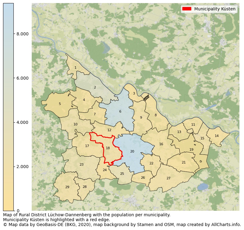 Map of Rural district Lüchow-Dannenberg with the population per municipality.Municipality Küsten is highlighted with a red edge.. This page shows a lot of information about residents (such as the distribution by age groups, family composition, gender, native or German with an immigration background, ...), homes (numbers, types, price development, use, type of property, ...) and more (car ownership, energy consumption, ...) based on open data from the German Federal Agency for Cartography, the Federal Statistical Office (DESTATIS), the Regional Statistical Offices and various other sources!
