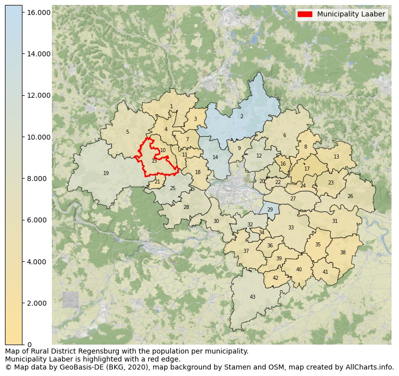 Map of Rural district Regensburg with the population per municipality.Municipality Laaber is highlighted with a red edge.. This page shows a lot of information about residents (such as the distribution by age groups, family composition, gender, native or German with an immigration background, ...), homes (numbers, types, price development, use, type of property, ...) and more (car ownership, energy consumption, ...) based on open data from the German Federal Agency for Cartography, the Federal Statistical Office (DESTATIS), the Regional Statistical Offices and various other sources!
