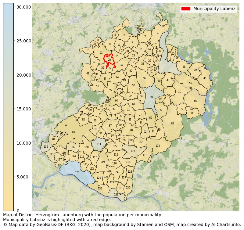 Map of District Herzogtum Lauenburg with the population per municipality.Municipality Labenz is highlighted with a red edge.. This page shows a lot of information about residents (such as the distribution by age groups, family composition, gender, native or German with an immigration background, ...), homes (numbers, types, price development, use, type of property, ...) and more (car ownership, energy consumption, ...) based on open data from the German Federal Agency for Cartography, the Federal Statistical Office (DESTATIS), the Regional Statistical Offices and various other sources!