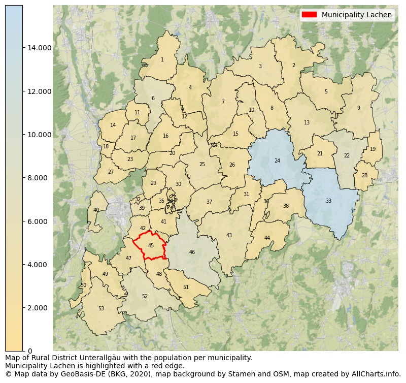 Map of Rural district Unterallgäu with the population per municipality.Municipality Lachen is highlighted with a red edge.. This page shows a lot of information about residents (such as the distribution by age groups, family composition, gender, native or German with an immigration background, ...), homes (numbers, types, price development, use, type of property, ...) and more (car ownership, energy consumption, ...) based on open data from the German Federal Agency for Cartography, the Federal Statistical Office (DESTATIS), the Regional Statistical Offices and various other sources!