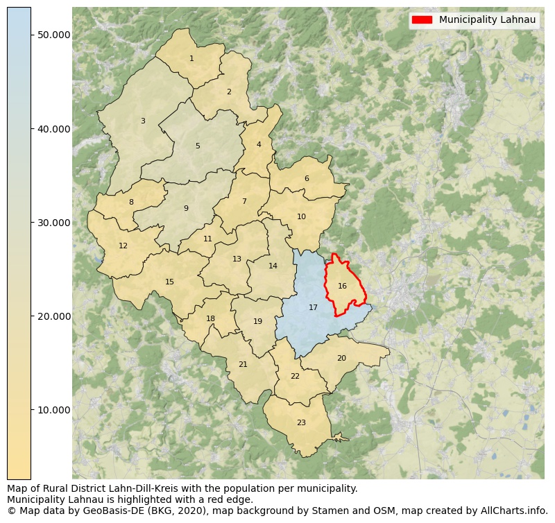 Map of Rural district Lahn-Dill-Kreis with the population per municipality.Municipality Lahnau is highlighted with a red edge.. This page shows a lot of information about residents (such as the distribution by age groups, family composition, gender, native or German with an immigration background, ...), homes (numbers, types, price development, use, type of property, ...) and more (car ownership, energy consumption, ...) based on open data from the German Federal Agency for Cartography, the Federal Statistical Office (DESTATIS), the Regional Statistical Offices and various other sources!