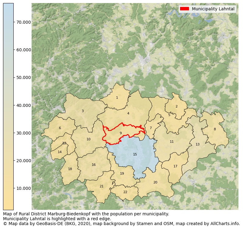 Map of Rural district Marburg-Biedenkopf with the population per municipality.Municipality Lahntal is highlighted with a red edge.. This page shows a lot of information about residents (such as the distribution by age groups, family composition, gender, native or German with an immigration background, ...), homes (numbers, types, price development, use, type of property, ...) and more (car ownership, energy consumption, ...) based on open data from the German Federal Agency for Cartography, the Federal Statistical Office (DESTATIS), the Regional Statistical Offices and various other sources!