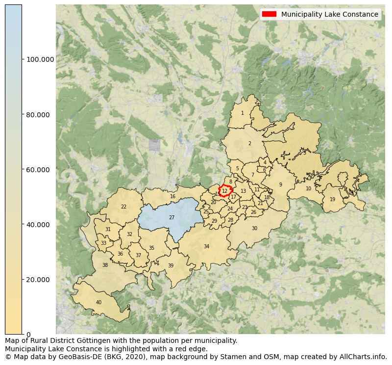 Map of Rural district Göttingen with the population per municipality.Municipality Lake Constance is highlighted with a red edge.. This page shows a lot of information about residents (such as the distribution by age groups, family composition, gender, native or German with an immigration background, ...), homes (numbers, types, price development, use, type of property, ...) and more (car ownership, energy consumption, ...) based on open data from the German Federal Agency for Cartography, the Federal Statistical Office (DESTATIS), the Regional Statistical Offices and various other sources!