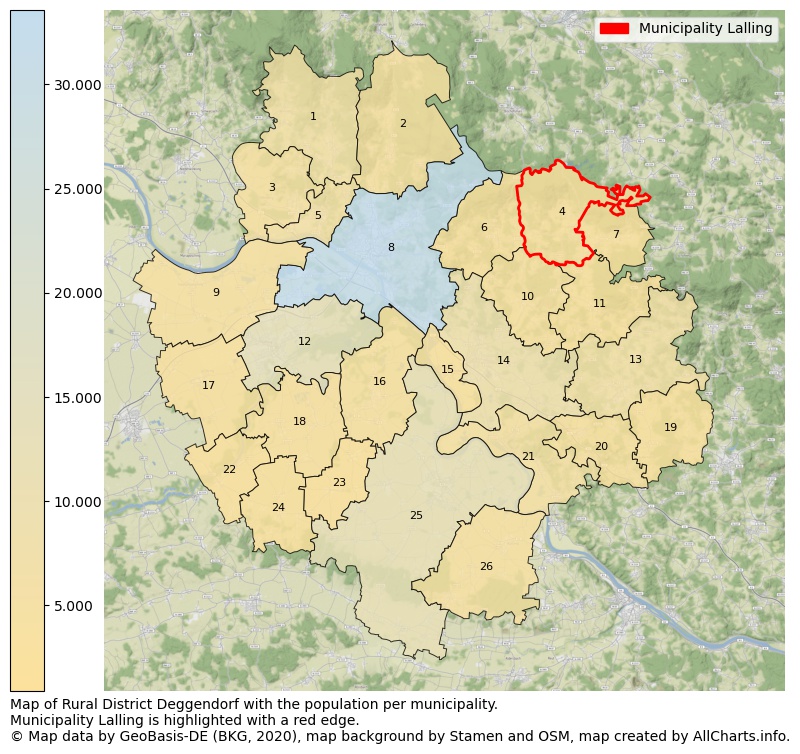Map of Rural district Deggendorf with the population per municipality.Municipality Lalling is highlighted with a red edge.. This page shows a lot of information about residents (such as the distribution by age groups, family composition, gender, native or German with an immigration background, ...), homes (numbers, types, price development, use, type of property, ...) and more (car ownership, energy consumption, ...) based on open data from the German Federal Agency for Cartography, the Federal Statistical Office (DESTATIS), the Regional Statistical Offices and various other sources!