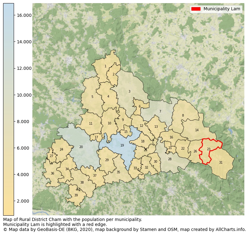 Map of Rural district Cham with the population per municipality.Municipality Lam is highlighted with a red edge.. This page shows a lot of information about residents (such as the distribution by age groups, family composition, gender, native or German with an immigration background, ...), homes (numbers, types, price development, use, type of property, ...) and more (car ownership, energy consumption, ...) based on open data from the German Federal Agency for Cartography, the Federal Statistical Office (DESTATIS), the Regional Statistical Offices and various other sources!