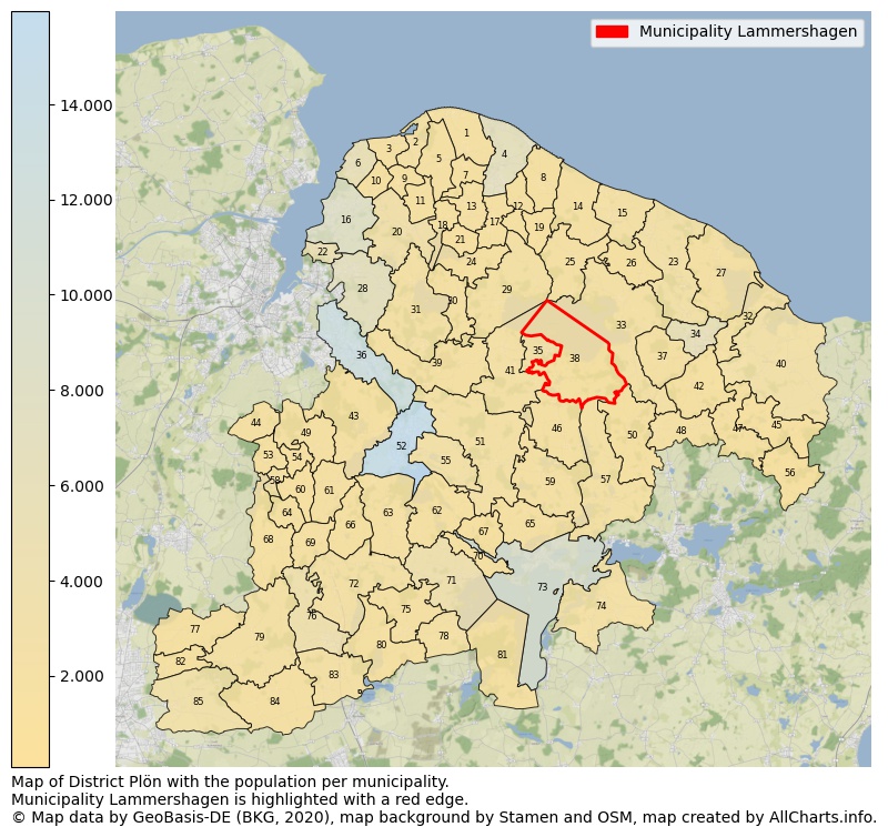 Map of District Plön with the population per municipality.Municipality Lammershagen is highlighted with a red edge.. This page shows a lot of information about residents (such as the distribution by age groups, family composition, gender, native or German with an immigration background, ...), homes (numbers, types, price development, use, type of property, ...) and more (car ownership, energy consumption, ...) based on open data from the German Federal Agency for Cartography, the Federal Statistical Office (DESTATIS), the Regional Statistical Offices and various other sources!