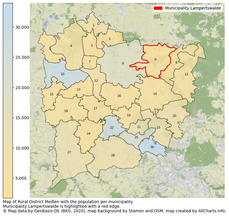 Map of Rural district Meißen with the population per municipality.Municipality Lampertswalde is highlighted with a red edge.. This page shows a lot of information about residents (such as the distribution by age groups, family composition, gender, native or German with an immigration background, ...), homes (numbers, types, price development, use, type of property, ...) and more (car ownership, energy consumption, ...) based on open data from the German Federal Agency for Cartography, the Federal Statistical Office (DESTATIS), the Regional Statistical Offices and various other sources!