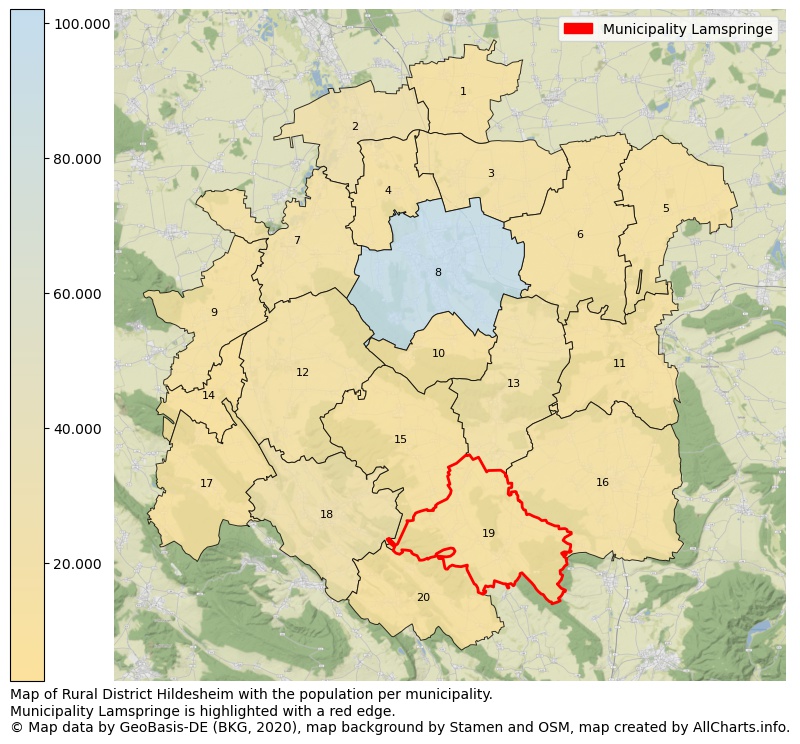 Map of Rural district Hildesheim with the population per municipality.Municipality Lamspringe is highlighted with a red edge.. This page shows a lot of information about residents (such as the distribution by age groups, family composition, gender, native or German with an immigration background, ...), homes (numbers, types, price development, use, type of property, ...) and more (car ownership, energy consumption, ...) based on open data from the German Federal Agency for Cartography, the Federal Statistical Office (DESTATIS), the Regional Statistical Offices and various other sources!