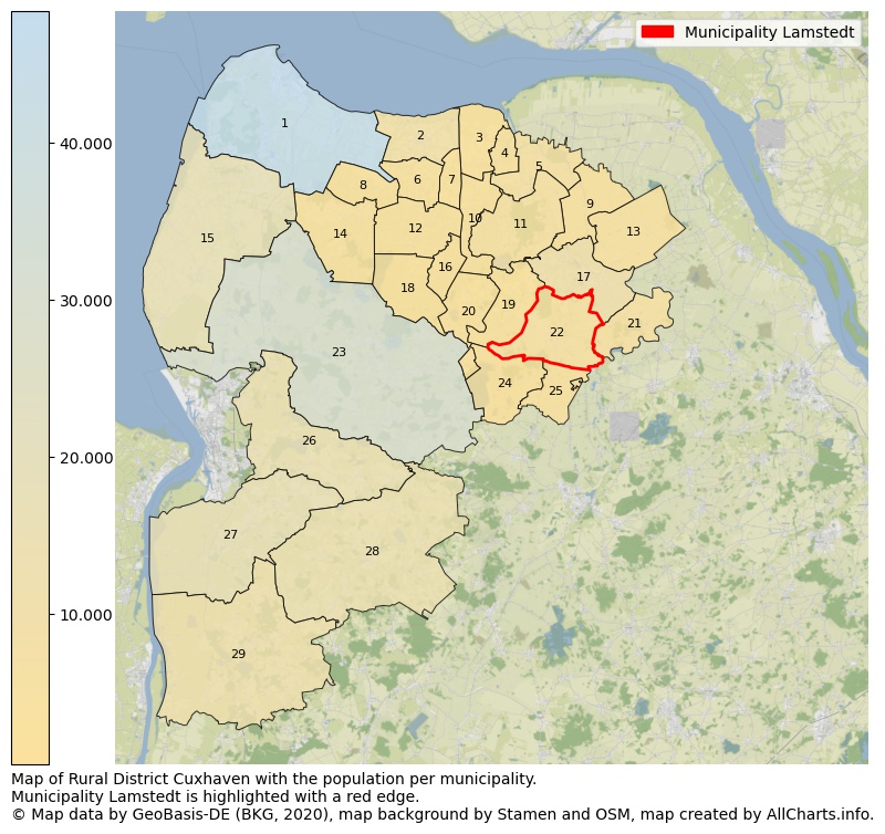 Map of Rural district Cuxhaven with the population per municipality.Municipality Lamstedt is highlighted with a red edge.. This page shows a lot of information about residents (such as the distribution by age groups, family composition, gender, native or German with an immigration background, ...), homes (numbers, types, price development, use, type of property, ...) and more (car ownership, energy consumption, ...) based on open data from the German Federal Agency for Cartography, the Federal Statistical Office (DESTATIS), the Regional Statistical Offices and various other sources!