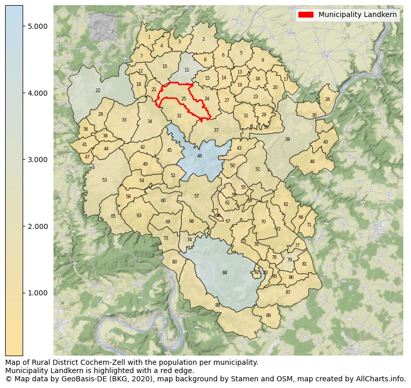 Map of Rural district Cochem-Zell with the population per municipality.Municipality Landkern is highlighted with a red edge.. This page shows a lot of information about residents (such as the distribution by age groups, family composition, gender, native or German with an immigration background, ...), homes (numbers, types, price development, use, type of property, ...) and more (car ownership, energy consumption, ...) based on open data from the German Federal Agency for Cartography, the Federal Statistical Office (DESTATIS), the Regional Statistical Offices and various other sources!