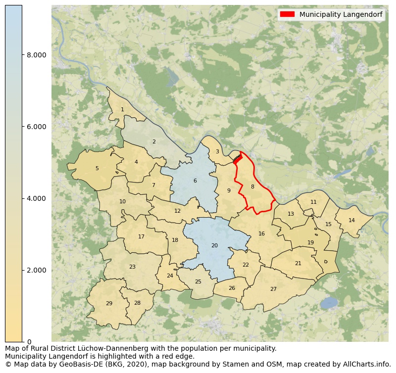 Map of Rural district Lüchow-Dannenberg with the population per municipality.Municipality Langendorf is highlighted with a red edge.. This page shows a lot of information about residents (such as the distribution by age groups, family composition, gender, native or German with an immigration background, ...), homes (numbers, types, price development, use, type of property, ...) and more (car ownership, energy consumption, ...) based on open data from the German Federal Agency for Cartography, the Federal Statistical Office (DESTATIS), the Regional Statistical Offices and various other sources!