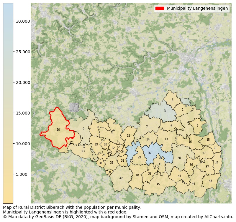 Map of Rural district Biberach with the population per municipality.Municipality Langenenslingen is highlighted with a red edge.. This page shows a lot of information about residents (such as the distribution by age groups, family composition, gender, native or German with an immigration background, ...), homes (numbers, types, price development, use, type of property, ...) and more (car ownership, energy consumption, ...) based on open data from the German Federal Agency for Cartography, the Federal Statistical Office (DESTATIS), the Regional Statistical Offices and various other sources!