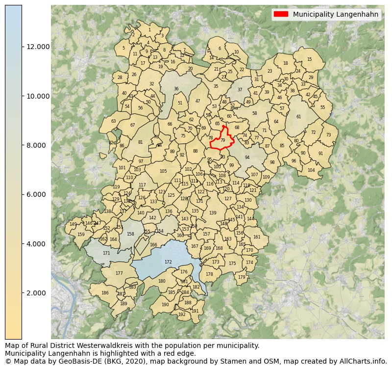 Map of Rural district Westerwaldkreis with the population per municipality.Municipality Langenhahn is highlighted with a red edge.. This page shows a lot of information about residents (such as the distribution by age groups, family composition, gender, native or German with an immigration background, ...), homes (numbers, types, price development, use, type of property, ...) and more (car ownership, energy consumption, ...) based on open data from the German Federal Agency for Cartography, the Federal Statistical Office (DESTATIS), the Regional Statistical Offices and various other sources!