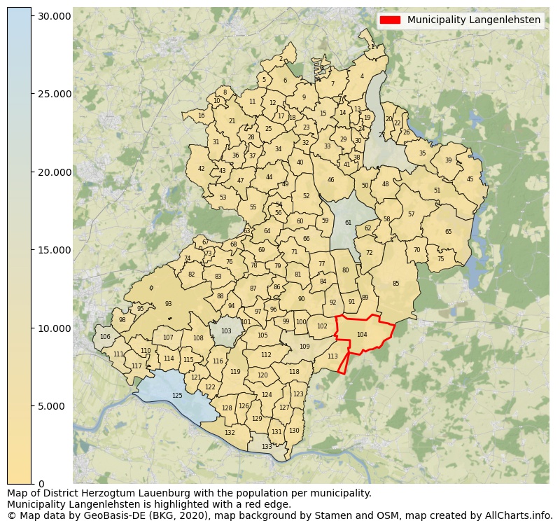 Map of District Herzogtum Lauenburg with the population per municipality.Municipality Langenlehsten is highlighted with a red edge.. This page shows a lot of information about residents (such as the distribution by age groups, family composition, gender, native or German with an immigration background, ...), homes (numbers, types, price development, use, type of property, ...) and more (car ownership, energy consumption, ...) based on open data from the German Federal Agency for Cartography, the Federal Statistical Office (DESTATIS), the Regional Statistical Offices and various other sources!