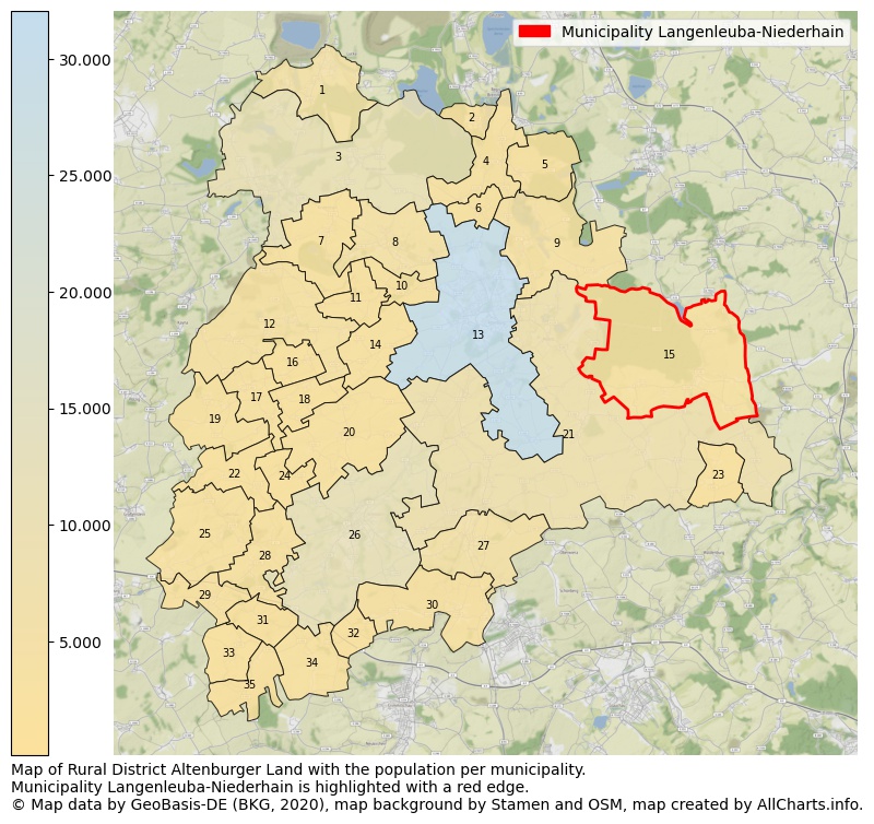 Map of Rural district Altenburger Land with the population per municipality.Municipality Langenleuba-Niederhain is highlighted with a red edge.. This page shows a lot of information about residents (such as the distribution by age groups, family composition, gender, native or German with an immigration background, ...), homes (numbers, types, price development, use, type of property, ...) and more (car ownership, energy consumption, ...) based on open data from the German Federal Agency for Cartography, the Federal Statistical Office (DESTATIS), the Regional Statistical Offices and various other sources!