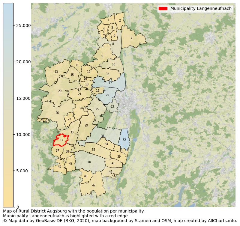 Map of Rural district Augsburg with the population per municipality.Municipality Langenneufnach is highlighted with a red edge.. This page shows a lot of information about residents (such as the distribution by age groups, family composition, gender, native or German with an immigration background, ...), homes (numbers, types, price development, use, type of property, ...) and more (car ownership, energy consumption, ...) based on open data from the German Federal Agency for Cartography, the Federal Statistical Office (DESTATIS), the Regional Statistical Offices and various other sources!