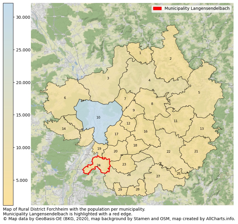 Map of Rural district Forchheim with the population per municipality.Municipality Langensendelbach is highlighted with a red edge.. This page shows a lot of information about residents (such as the distribution by age groups, family composition, gender, native or German with an immigration background, ...), homes (numbers, types, price development, use, type of property, ...) and more (car ownership, energy consumption, ...) based on open data from the German Federal Agency for Cartography, the Federal Statistical Office (DESTATIS), the Regional Statistical Offices and various other sources!