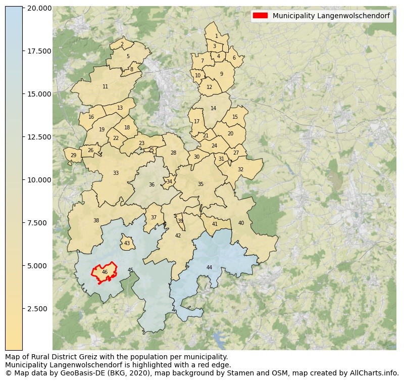 Map of Rural district Greiz with the population per municipality.Municipality Langenwolschendorf is highlighted with a red edge.. This page shows a lot of information about residents (such as the distribution by age groups, family composition, gender, native or German with an immigration background, ...), homes (numbers, types, price development, use, type of property, ...) and more (car ownership, energy consumption, ...) based on open data from the German Federal Agency for Cartography, the Federal Statistical Office (DESTATIS), the Regional Statistical Offices and various other sources!