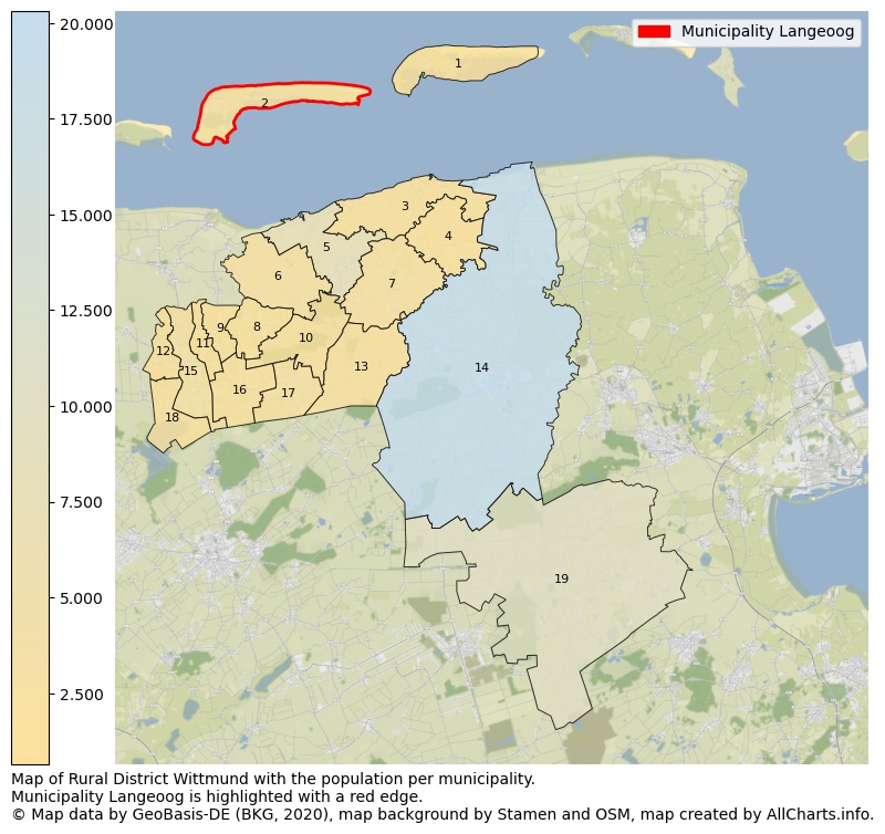 Map of Rural district Wittmund with the population per municipality.Municipality Langeoog is highlighted with a red edge.. This page shows a lot of information about residents (such as the distribution by age groups, family composition, gender, native or German with an immigration background, ...), homes (numbers, types, price development, use, type of property, ...) and more (car ownership, energy consumption, ...) based on open data from the German Federal Agency for Cartography, the Federal Statistical Office (DESTATIS), the Regional Statistical Offices and various other sources!