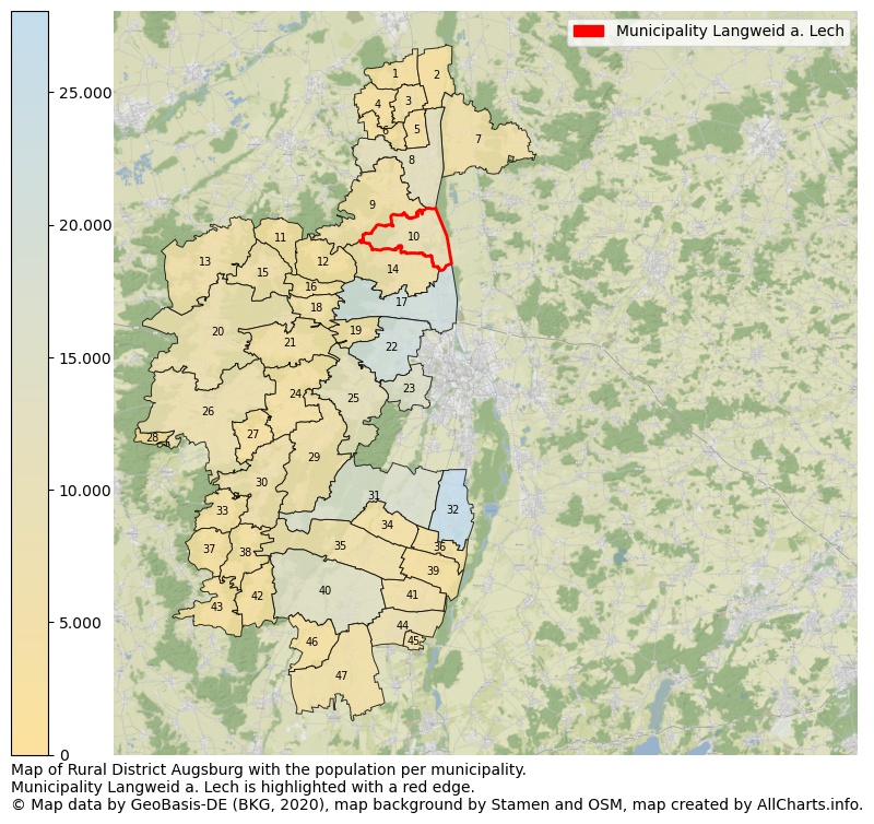 Map of Rural district Augsburg with the population per municipality.Municipality Langweid a. Lech is highlighted with a red edge.. This page shows a lot of information about residents (such as the distribution by age groups, family composition, gender, native or German with an immigration background, ...), homes (numbers, types, price development, use, type of property, ...) and more (car ownership, energy consumption, ...) based on open data from the German Federal Agency for Cartography, the Federal Statistical Office (DESTATIS), the Regional Statistical Offices and various other sources!