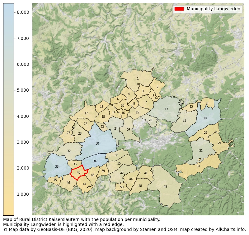 Map of Rural district Kaiserslautern with the population per municipality.Municipality Langwieden is highlighted with a red edge.. This page shows a lot of information about residents (such as the distribution by age groups, family composition, gender, native or German with an immigration background, ...), homes (numbers, types, price development, use, type of property, ...) and more (car ownership, energy consumption, ...) based on open data from the German Federal Agency for Cartography, the Federal Statistical Office (DESTATIS), the Regional Statistical Offices and various other sources!