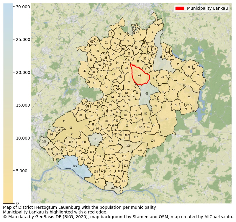 Map of District Herzogtum Lauenburg with the population per municipality.Municipality Lankau is highlighted with a red edge.. This page shows a lot of information about residents (such as the distribution by age groups, family composition, gender, native or German with an immigration background, ...), homes (numbers, types, price development, use, type of property, ...) and more (car ownership, energy consumption, ...) based on open data from the German Federal Agency for Cartography, the Federal Statistical Office (DESTATIS), the Regional Statistical Offices and various other sources!