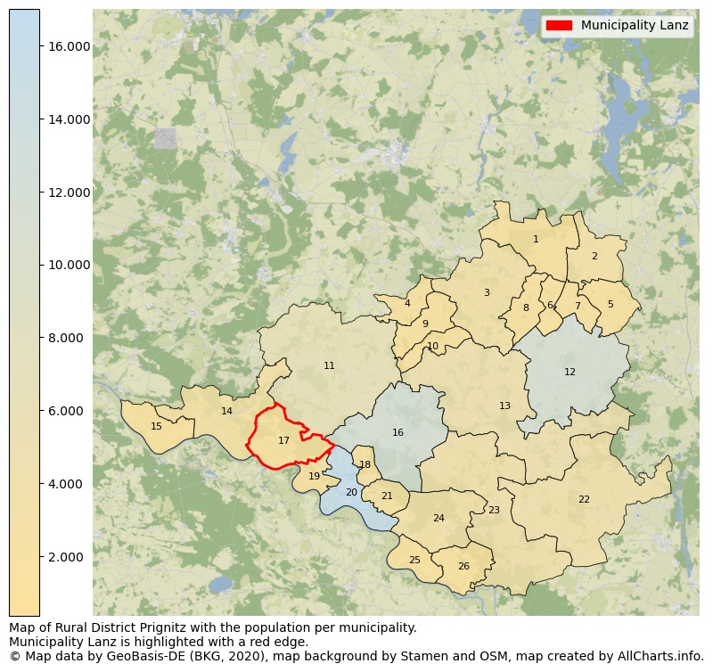 Map of Rural district Prignitz with the population per municipality.Municipality Lanz is highlighted with a red edge.. This page shows a lot of information about residents (such as the distribution by age groups, family composition, gender, native or German with an immigration background, ...), homes (numbers, types, price development, use, type of property, ...) and more (car ownership, energy consumption, ...) based on open data from the German Federal Agency for Cartography, the Federal Statistical Office (DESTATIS), the Regional Statistical Offices and various other sources!