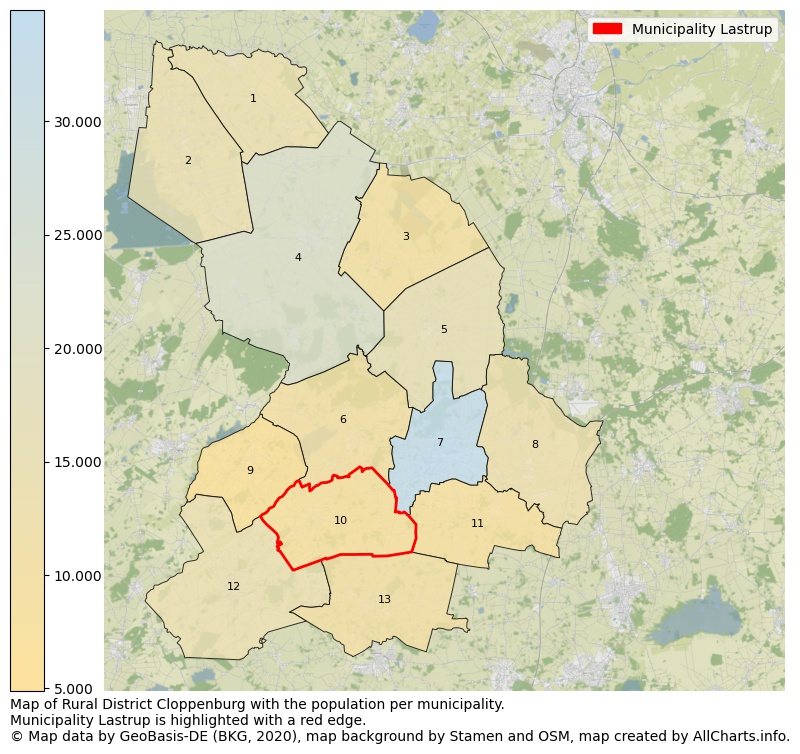 Map of Rural district Cloppenburg with the population per municipality.Municipality Lastrup is highlighted with a red edge.. This page shows a lot of information about residents (such as the distribution by age groups, family composition, gender, native or German with an immigration background, ...), homes (numbers, types, price development, use, type of property, ...) and more (car ownership, energy consumption, ...) based on open data from the German Federal Agency for Cartography, the Federal Statistical Office (DESTATIS), the Regional Statistical Offices and various other sources!