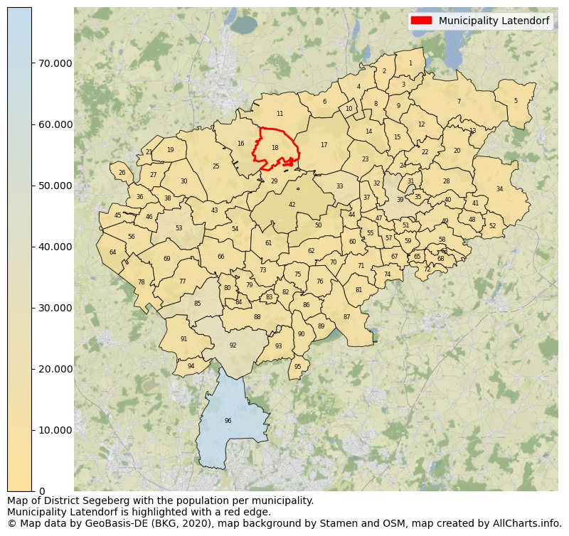 Map of District Segeberg with the population per municipality.Municipality Latendorf is highlighted with a red edge.. This page shows a lot of information about residents (such as the distribution by age groups, family composition, gender, native or German with an immigration background, ...), homes (numbers, types, price development, use, type of property, ...) and more (car ownership, energy consumption, ...) based on open data from the German Federal Agency for Cartography, the Federal Statistical Office (DESTATIS), the Regional Statistical Offices and various other sources!