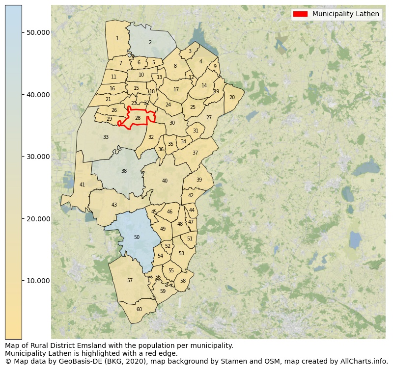 Map of Rural district Emsland with the population per municipality.Municipality Lathen is highlighted with a red edge.. This page shows a lot of information about residents (such as the distribution by age groups, family composition, gender, native or German with an immigration background, ...), homes (numbers, types, price development, use, type of property, ...) and more (car ownership, energy consumption, ...) based on open data from the German Federal Agency for Cartography, the Federal Statistical Office (DESTATIS), the Regional Statistical Offices and various other sources!