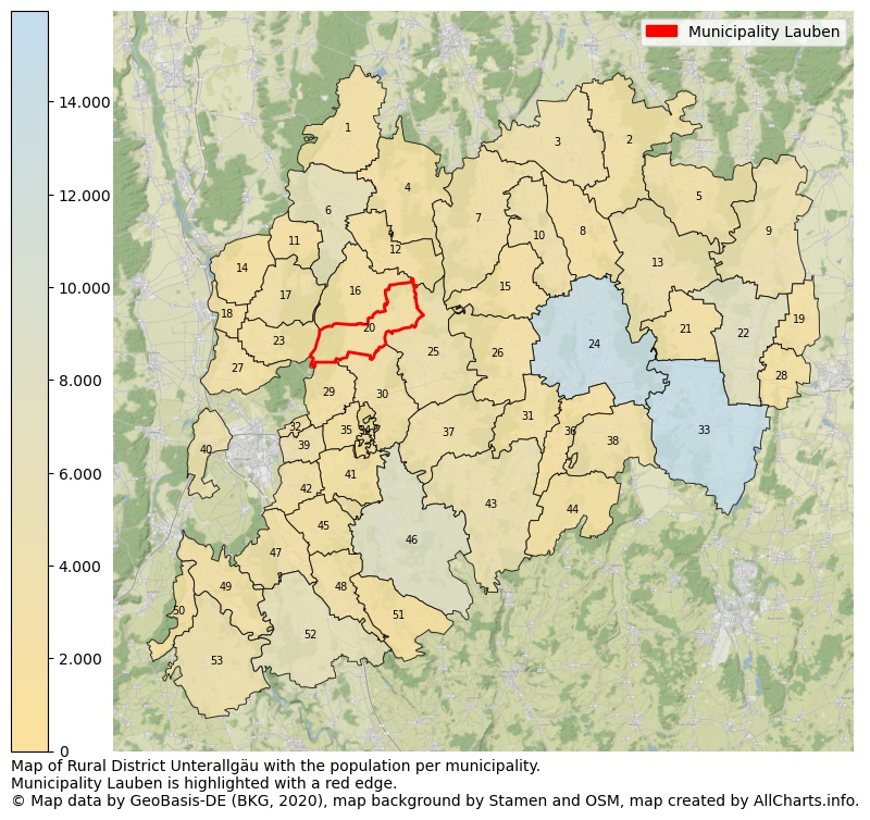 Map of Rural district Unterallgäu with the population per municipality.Municipality Lauben is highlighted with a red edge.. This page shows a lot of information about residents (such as the distribution by age groups, family composition, gender, native or German with an immigration background, ...), homes (numbers, types, price development, use, type of property, ...) and more (car ownership, energy consumption, ...) based on open data from the German Federal Agency for Cartography, the Federal Statistical Office (DESTATIS), the Regional Statistical Offices and various other sources!
