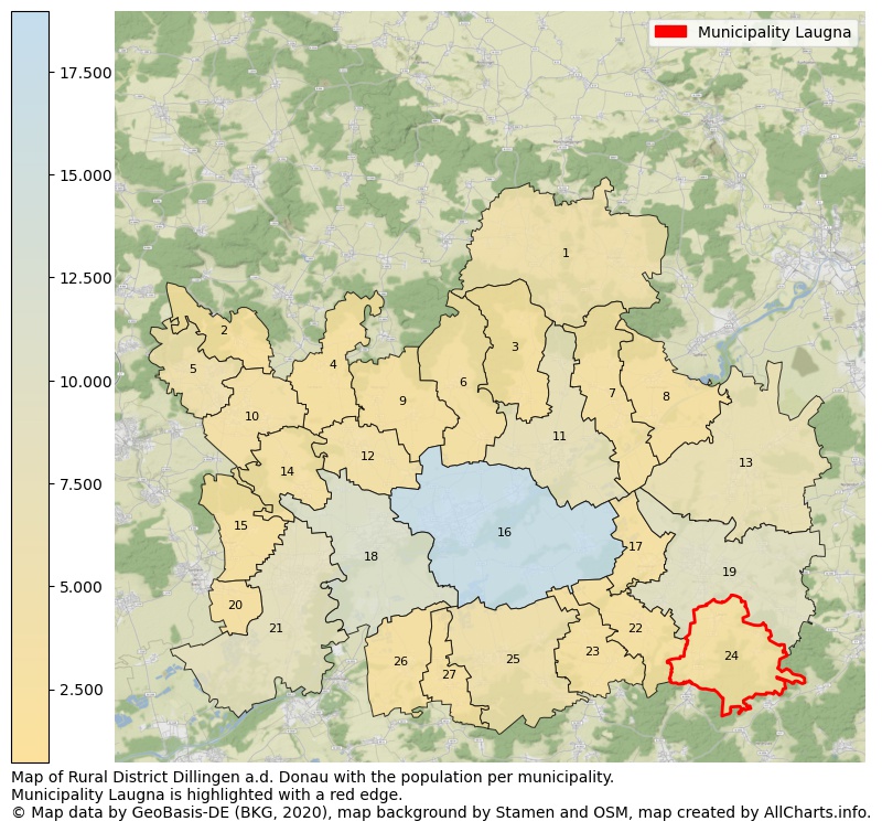 Map of Rural district Dillingen a.d. Donau with the population per municipality.Municipality Laugna is highlighted with a red edge.. This page shows a lot of information about residents (such as the distribution by age groups, family composition, gender, native or German with an immigration background, ...), homes (numbers, types, price development, use, type of property, ...) and more (car ownership, energy consumption, ...) based on open data from the German Federal Agency for Cartography, the Federal Statistical Office (DESTATIS), the Regional Statistical Offices and various other sources!