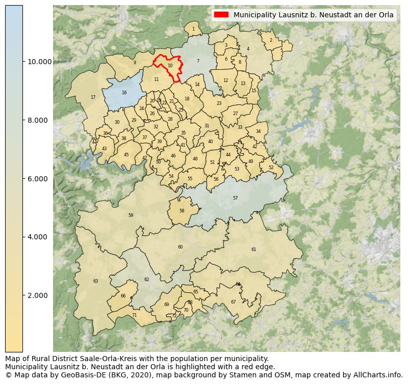 Map of Rural district Saale-Orla-Kreis with the population per municipality.Municipality Lausnitz b. Neustadt an der Orla is highlighted with a red edge.. This page shows a lot of information about residents (such as the distribution by age groups, family composition, gender, native or German with an immigration background, ...), homes (numbers, types, price development, use, type of property, ...) and more (car ownership, energy consumption, ...) based on open data from the German Federal Agency for Cartography, the Federal Statistical Office (DESTATIS), the Regional Statistical Offices and various other sources!
