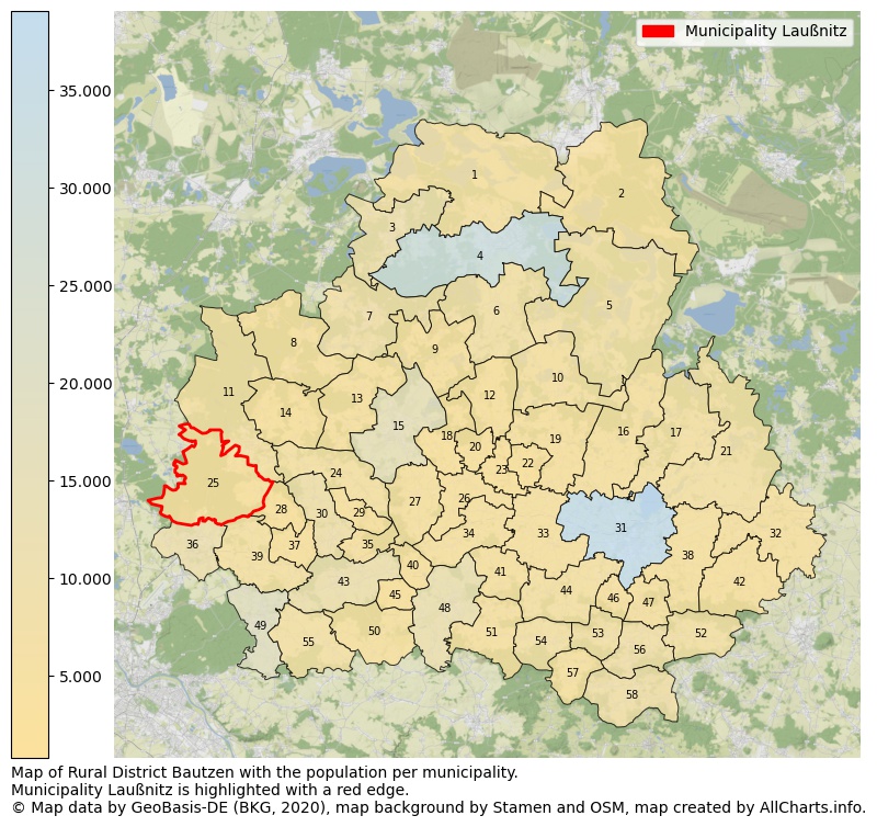 Map of Rural district Bautzen with the population per municipality.Municipality Laußnitz is highlighted with a red edge.. This page shows a lot of information about residents (such as the distribution by age groups, family composition, gender, native or German with an immigration background, ...), homes (numbers, types, price development, use, type of property, ...) and more (car ownership, energy consumption, ...) based on open data from the German Federal Agency for Cartography, the Federal Statistical Office (DESTATIS), the Regional Statistical Offices and various other sources!
