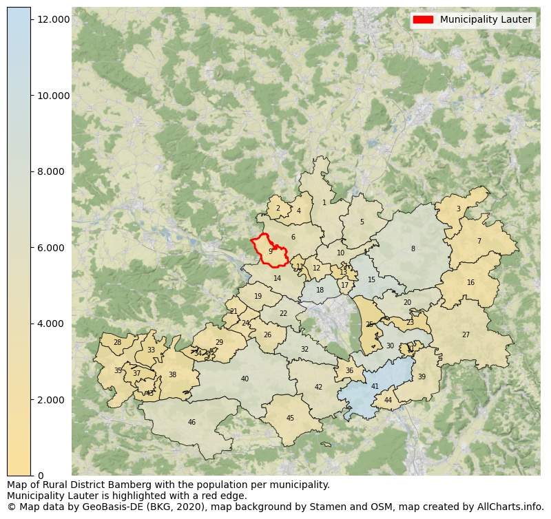 Map of Rural district Bamberg with the population per municipality.Municipality Lauter is highlighted with a red edge.. This page shows a lot of information about residents (such as the distribution by age groups, family composition, gender, native or German with an immigration background, ...), homes (numbers, types, price development, use, type of property, ...) and more (car ownership, energy consumption, ...) based on open data from the German Federal Agency for Cartography, the Federal Statistical Office (DESTATIS), the Regional Statistical Offices and various other sources!
