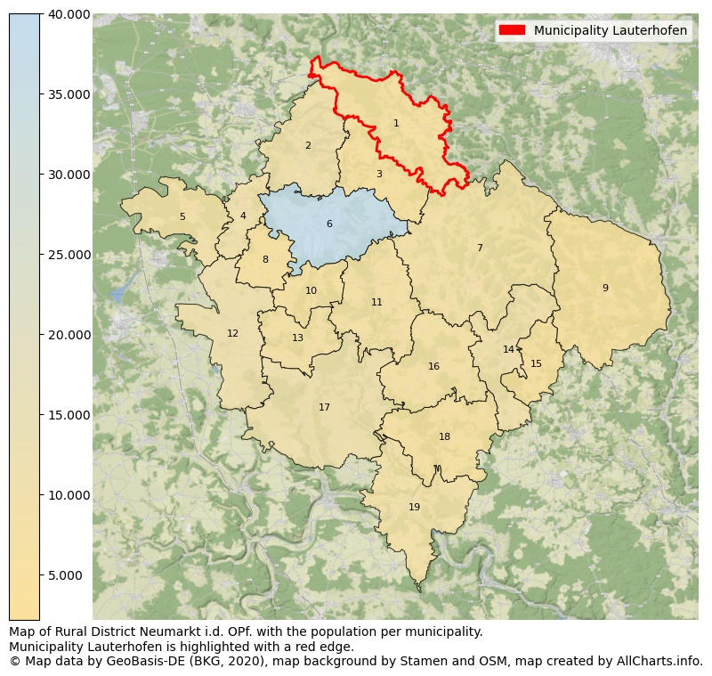 Map of Rural district Neumarkt i.d. OPf. with the population per municipality.Municipality Lauterhofen is highlighted with a red edge.. This page shows a lot of information about residents (such as the distribution by age groups, family composition, gender, native or German with an immigration background, ...), homes (numbers, types, price development, use, type of property, ...) and more (car ownership, energy consumption, ...) based on open data from the German Federal Agency for Cartography, the Federal Statistical Office (DESTATIS), the Regional Statistical Offices and various other sources!