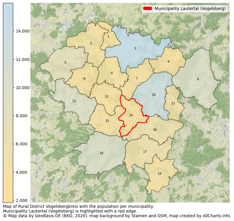 Map of Rural district Vogelsbergkreis with the population per municipality.Municipality Lautertal (Vogelsberg) is highlighted with a red edge.. This page shows a lot of information about residents (such as the distribution by age groups, family composition, gender, native or German with an immigration background, ...), homes (numbers, types, price development, use, type of property, ...) and more (car ownership, energy consumption, ...) based on open data from the German Federal Agency for Cartography, the Federal Statistical Office (DESTATIS), the Regional Statistical Offices and various other sources!