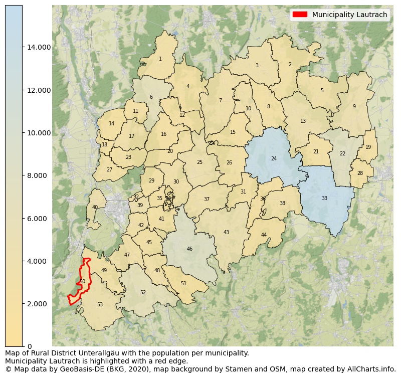 Map of Rural district Unterallgäu with the population per municipality.Municipality Lautrach is highlighted with a red edge.. This page shows a lot of information about residents (such as the distribution by age groups, family composition, gender, native or German with an immigration background, ...), homes (numbers, types, price development, use, type of property, ...) and more (car ownership, energy consumption, ...) based on open data from the German Federal Agency for Cartography, the Federal Statistical Office (DESTATIS), the Regional Statistical Offices and various other sources!
