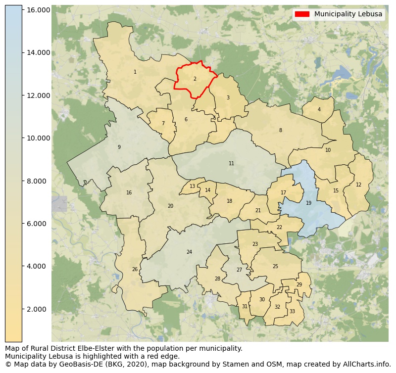 Map of Rural district Elbe-Elster with the population per municipality.Municipality Lebusa is highlighted with a red edge.. This page shows a lot of information about residents (such as the distribution by age groups, family composition, gender, native or German with an immigration background, ...), homes (numbers, types, price development, use, type of property, ...) and more (car ownership, energy consumption, ...) based on open data from the German Federal Agency for Cartography, the Federal Statistical Office (DESTATIS), the Regional Statistical Offices and various other sources!