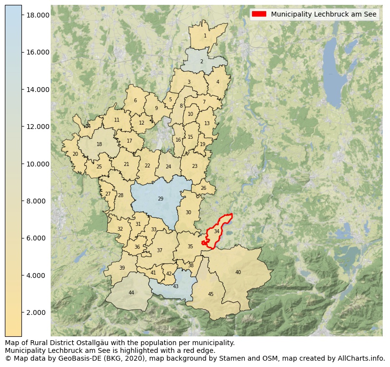 Map of Rural district Ostallgäu with the population per municipality.Municipality Lechbruck am See is highlighted with a red edge.. This page shows a lot of information about residents (such as the distribution by age groups, family composition, gender, native or German with an immigration background, ...), homes (numbers, types, price development, use, type of property, ...) and more (car ownership, energy consumption, ...) based on open data from the German Federal Agency for Cartography, the Federal Statistical Office (DESTATIS), the Regional Statistical Offices and various other sources!
