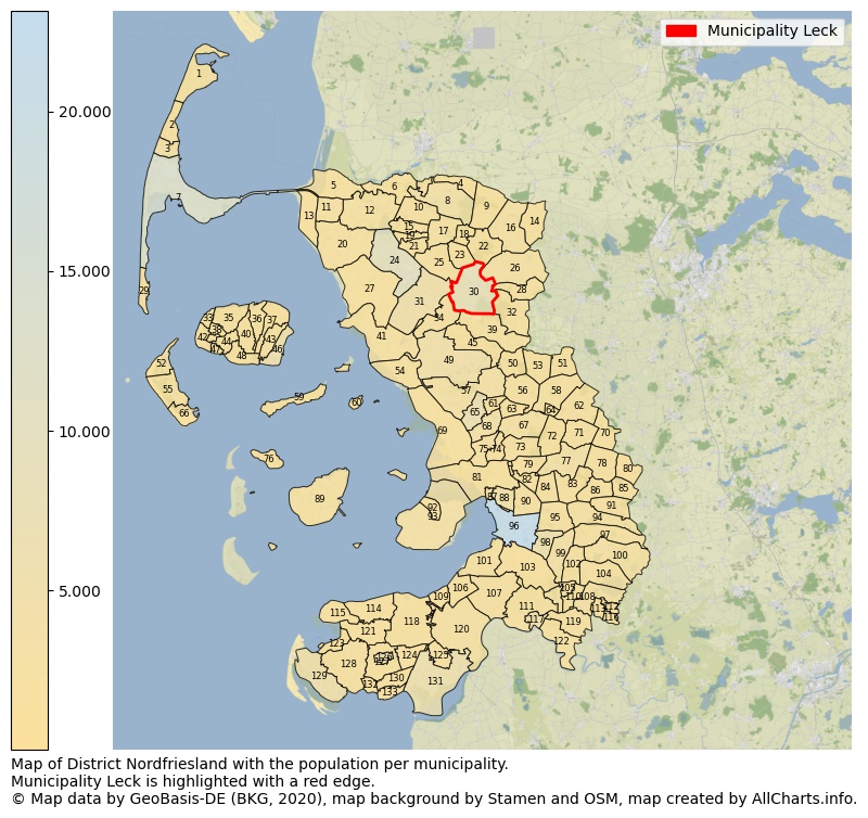 Map of District Nordfriesland with the population per municipality.Municipality Leck is highlighted with a red edge.. This page shows a lot of information about residents (such as the distribution by age groups, family composition, gender, native or German with an immigration background, ...), homes (numbers, types, price development, use, type of property, ...) and more (car ownership, energy consumption, ...) based on open data from the German Federal Agency for Cartography, the Federal Statistical Office (DESTATIS), the Regional Statistical Offices and various other sources!