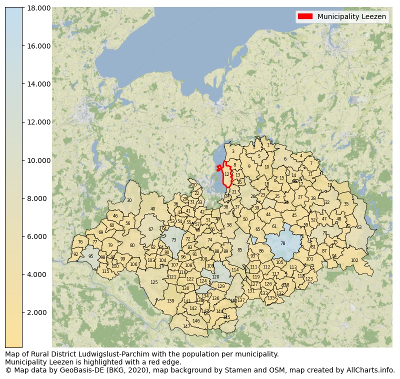 Map of Rural district Ludwigslust-Parchim with the population per municipality.Municipality Leezen is highlighted with a red edge.. This page shows a lot of information about residents (such as the distribution by age groups, family composition, gender, native or German with an immigration background, ...), homes (numbers, types, price development, use, type of property, ...) and more (car ownership, energy consumption, ...) based on open data from the German Federal Agency for Cartography, the Federal Statistical Office (DESTATIS), the Regional Statistical Offices and various other sources!
