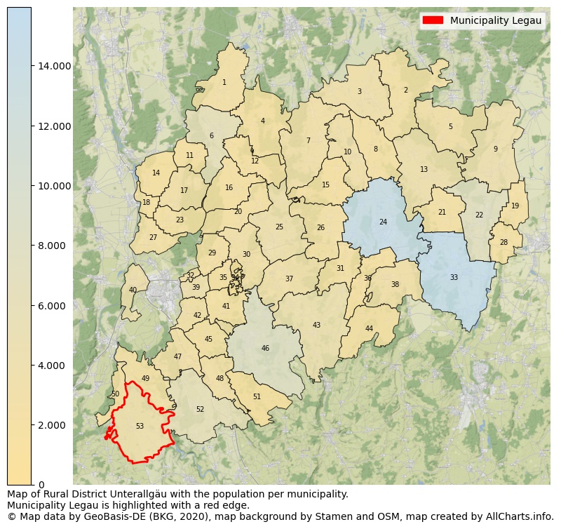 Map of Rural district Unterallgäu with the population per municipality.Municipality Legau is highlighted with a red edge.. This page shows a lot of information about residents (such as the distribution by age groups, family composition, gender, native or German with an immigration background, ...), homes (numbers, types, price development, use, type of property, ...) and more (car ownership, energy consumption, ...) based on open data from the German Federal Agency for Cartography, the Federal Statistical Office (DESTATIS), the Regional Statistical Offices and various other sources!