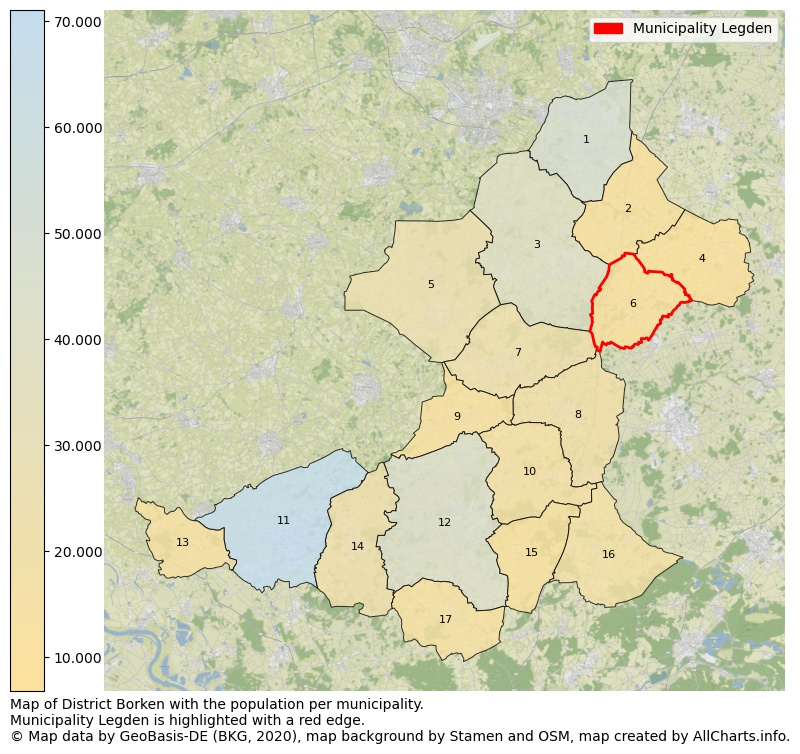 Map of District Borken with the population per municipality.Municipality Legden is highlighted with a red edge.. This page shows a lot of information about residents (such as the distribution by age groups, family composition, gender, native or German with an immigration background, ...), homes (numbers, types, price development, use, type of property, ...) and more (car ownership, energy consumption, ...) based on open data from the German Federal Agency for Cartography, the Federal Statistical Office (DESTATIS), the Regional Statistical Offices and various other sources!