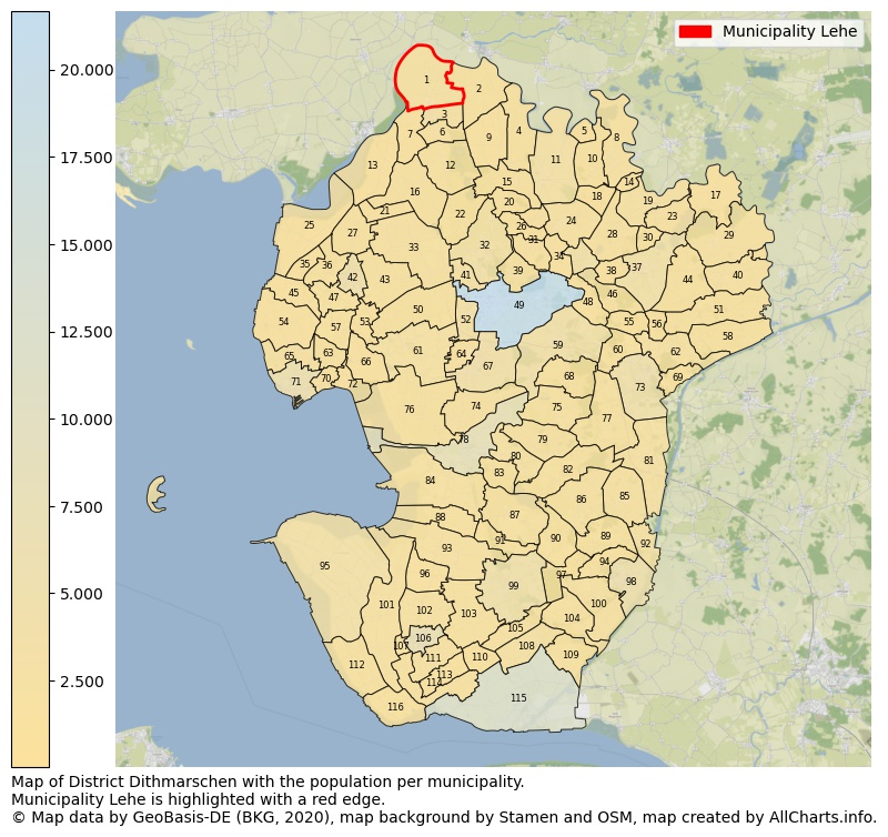 Map of District Dithmarschen with the population per municipality.Municipality Lehe is highlighted with a red edge.. This page shows a lot of information about residents (such as the distribution by age groups, family composition, gender, native or German with an immigration background, ...), homes (numbers, types, price development, use, type of property, ...) and more (car ownership, energy consumption, ...) based on open data from the German Federal Agency for Cartography, the Federal Statistical Office (DESTATIS), the Regional Statistical Offices and various other sources!