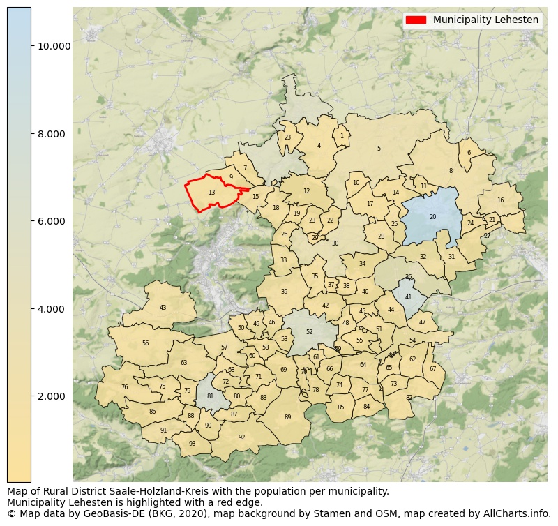 Map of Rural district Saale-Holzland-Kreis with the population per municipality.Municipality Lehesten is highlighted with a red edge.. This page shows a lot of information about residents (such as the distribution by age groups, family composition, gender, native or German with an immigration background, ...), homes (numbers, types, price development, use, type of property, ...) and more (car ownership, energy consumption, ...) based on open data from the German Federal Agency for Cartography, the Federal Statistical Office (DESTATIS), the Regional Statistical Offices and various other sources!