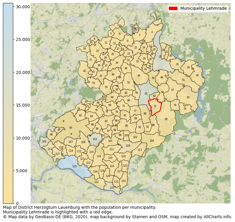 Map of District Herzogtum Lauenburg with the population per municipality.Municipality Lehmrade is highlighted with a red edge.. This page shows a lot of information about residents (such as the distribution by age groups, family composition, gender, native or German with an immigration background, ...), homes (numbers, types, price development, use, type of property, ...) and more (car ownership, energy consumption, ...) based on open data from the German Federal Agency for Cartography, the Federal Statistical Office (DESTATIS), the Regional Statistical Offices and various other sources!