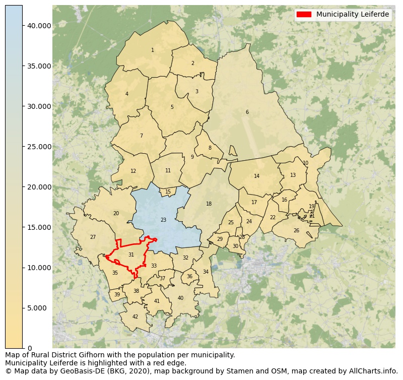 Map of Rural district Gifhorn with the population per municipality.Municipality Leiferde is highlighted with a red edge.. This page shows a lot of information about residents (such as the distribution by age groups, family composition, gender, native or German with an immigration background, ...), homes (numbers, types, price development, use, type of property, ...) and more (car ownership, energy consumption, ...) based on open data from the German Federal Agency for Cartography, the Federal Statistical Office (DESTATIS), the Regional Statistical Offices and various other sources!