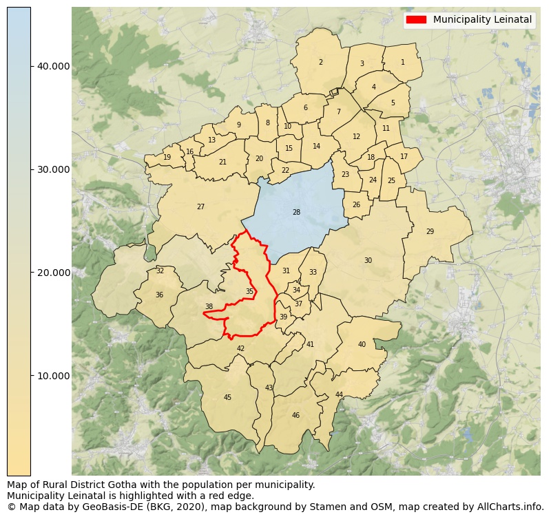 Map of Rural district Gotha with the population per municipality.Municipality Leinatal is highlighted with a red edge.. This page shows a lot of information about residents (such as the distribution by age groups, family composition, gender, native or German with an immigration background, ...), homes (numbers, types, price development, use, type of property, ...) and more (car ownership, energy consumption, ...) based on open data from the German Federal Agency for Cartography, the Federal Statistical Office (DESTATIS), the Regional Statistical Offices and various other sources!